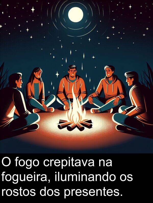 crepitava: O fogo crepitava na fogueira, iluminando os rostos dos presentes.