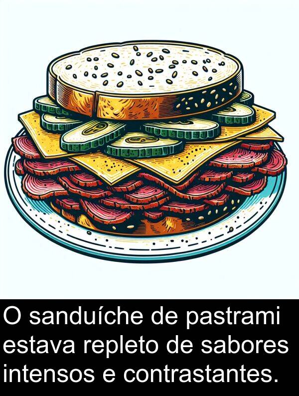 sanduíche: O sanduíche de pastrami estava repleto de sabores intensos e contrastantes.