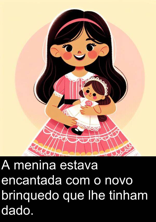 dado: A menina estava encantada com o novo brinquedo que lhe tinham dado.