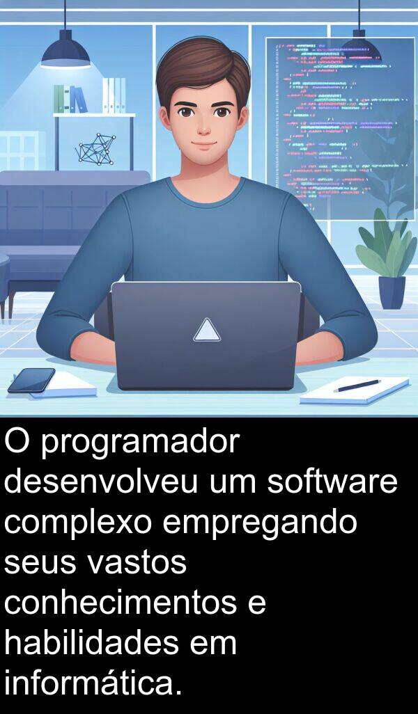 vastos: O programador desenvolveu um software complexo empregando seus vastos conhecimentos e habilidades em informática.