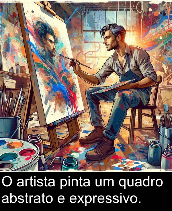 abstrato: O artista pinta um quadro abstrato e expressivo.