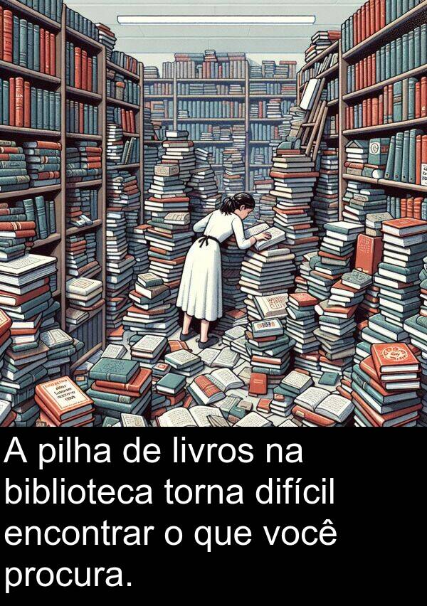 torna: A pilha de livros na biblioteca torna difícil encontrar o que você procura.