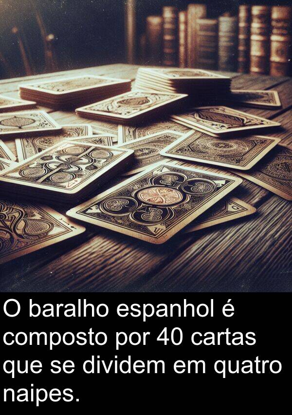 naipes: O baralho espanhol é composto por 40 cartas que se dividem em quatro naipes.