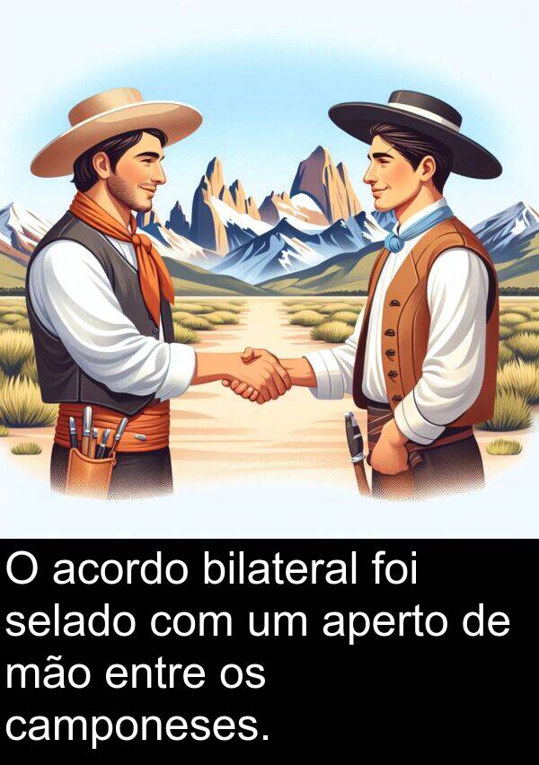 mão: O acordo bilateral foi selado com um aperto de mão entre os camponeses.