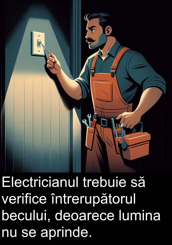 lumina: Electricianul trebuie să verifice întrerupătorul becului, deoarece lumina nu se aprinde.