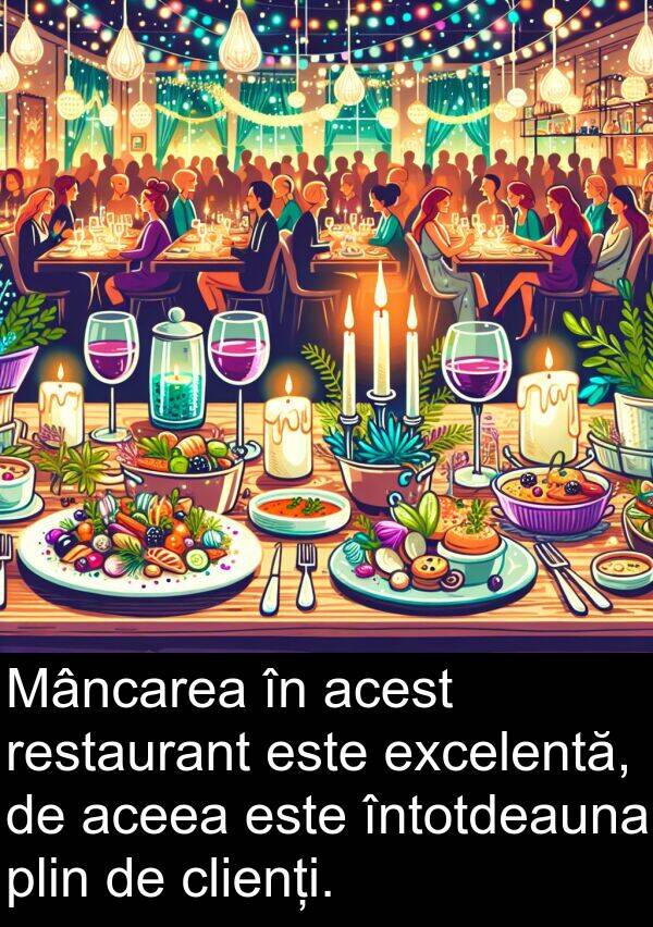 aceea: Mâncarea în acest restaurant este excelentă, de aceea este întotdeauna plin de clienți.