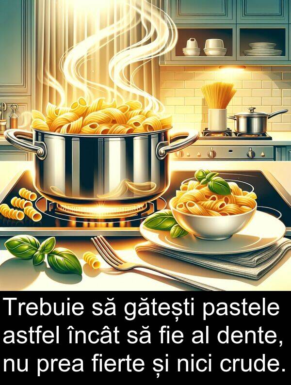 gătești: Trebuie să gătești pastele astfel încât să fie al dente, nu prea fierte și nici crude.