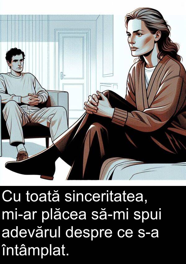 toată: Cu toată sinceritatea, mi-ar plăcea să-mi spui adevărul despre ce s-a întâmplat.