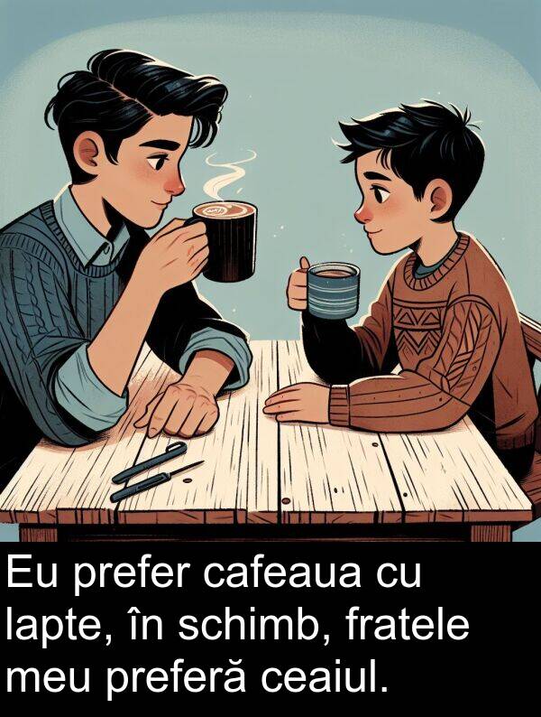 cafeaua: Eu prefer cafeaua cu lapte, în schimb, fratele meu preferă ceaiul.