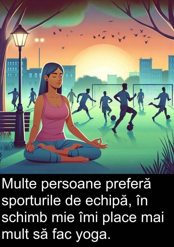 echipă: Multe persoane preferă sporturile de echipă, în schimb mie îmi place mai mult să fac yoga.