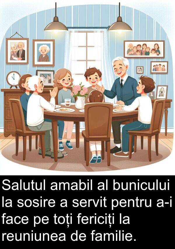 familie: Salutul amabil al bunicului la sosire a servit pentru a-i face pe toți fericiți la reuniunea de familie.