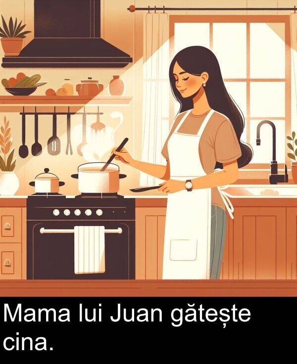 gătește: Mama lui Juan gătește cina.