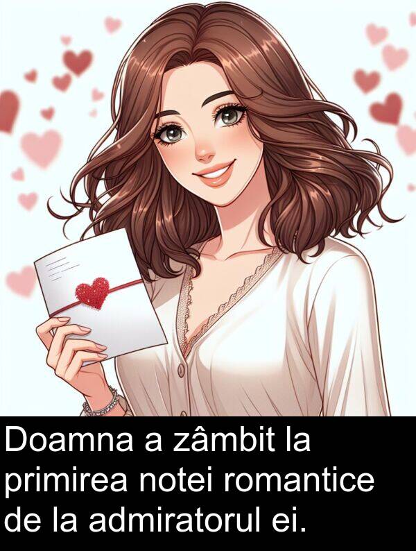 zâmbit: Doamna a zâmbit la primirea notei romantice de la admiratorul ei.