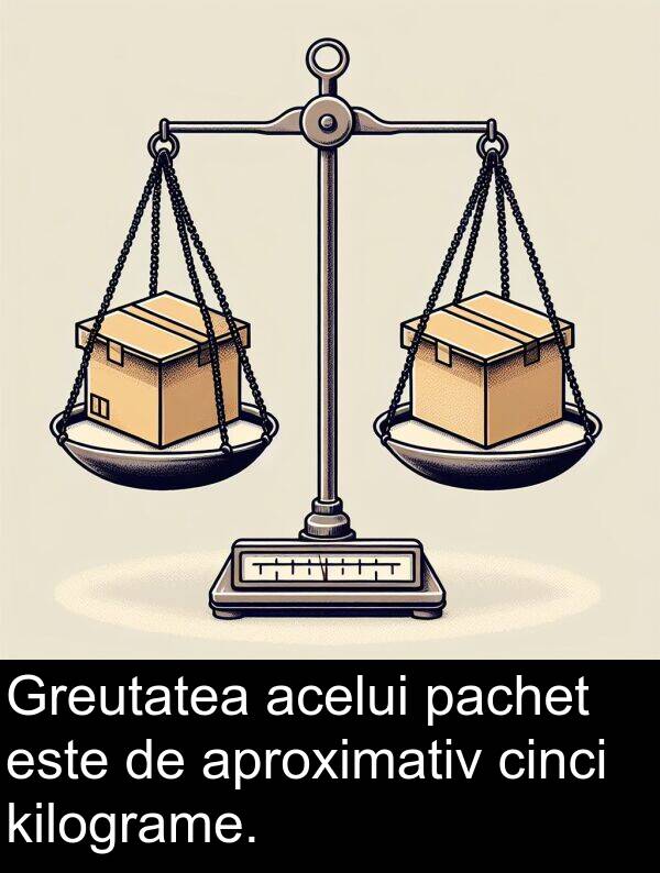pachet: Greutatea acelui pachet este de aproximativ cinci kilograme.