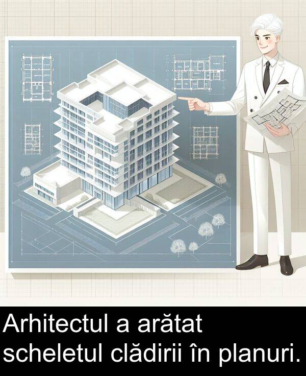 planuri: Arhitectul a arătat scheletul clădirii în planuri.