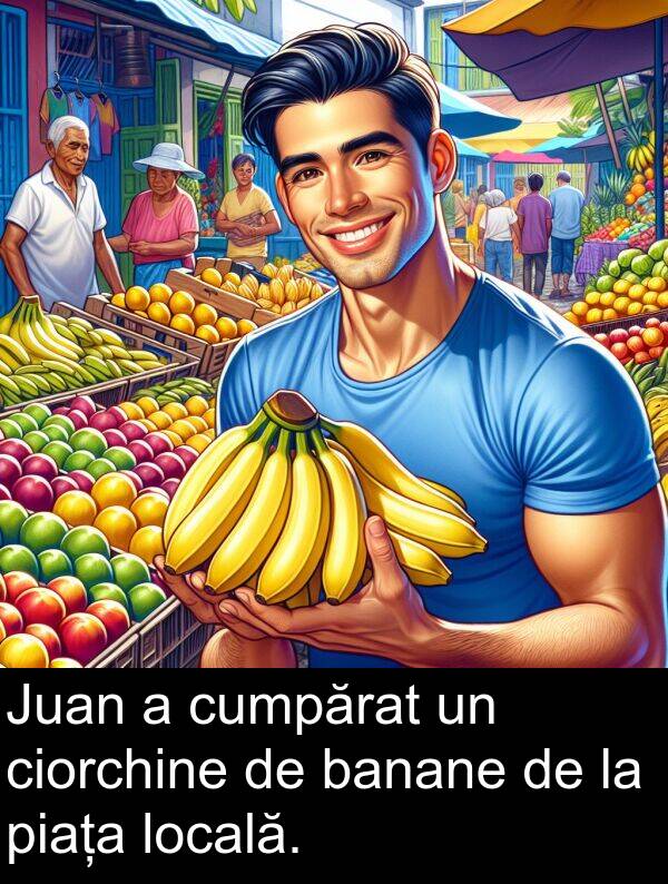 banane: Juan a cumpărat un ciorchine de banane de la piața locală.