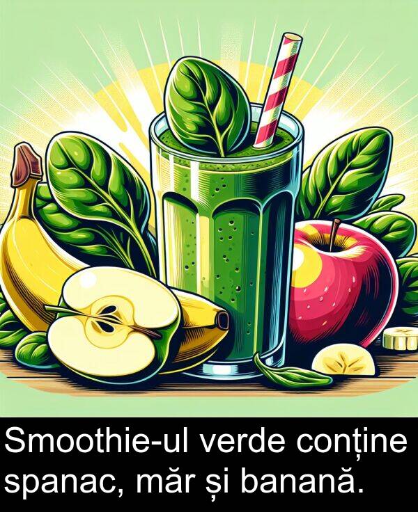 banană: Smoothie-ul verde conține spanac, măr și banană.
