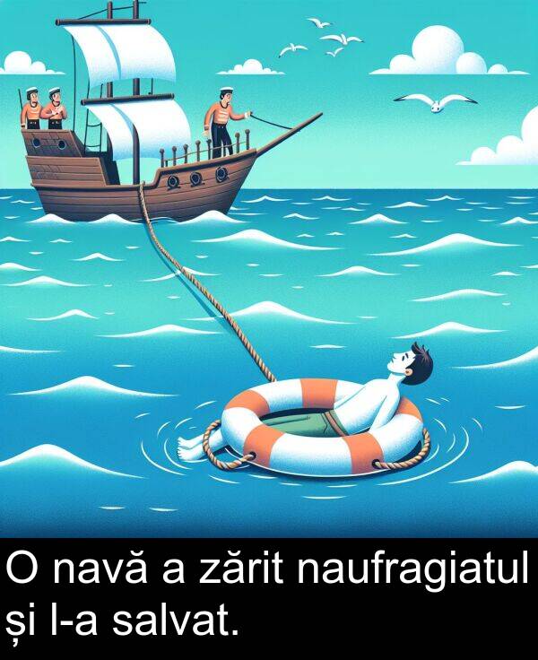 navă: O navă a zărit naufragiatul și l-a salvat.