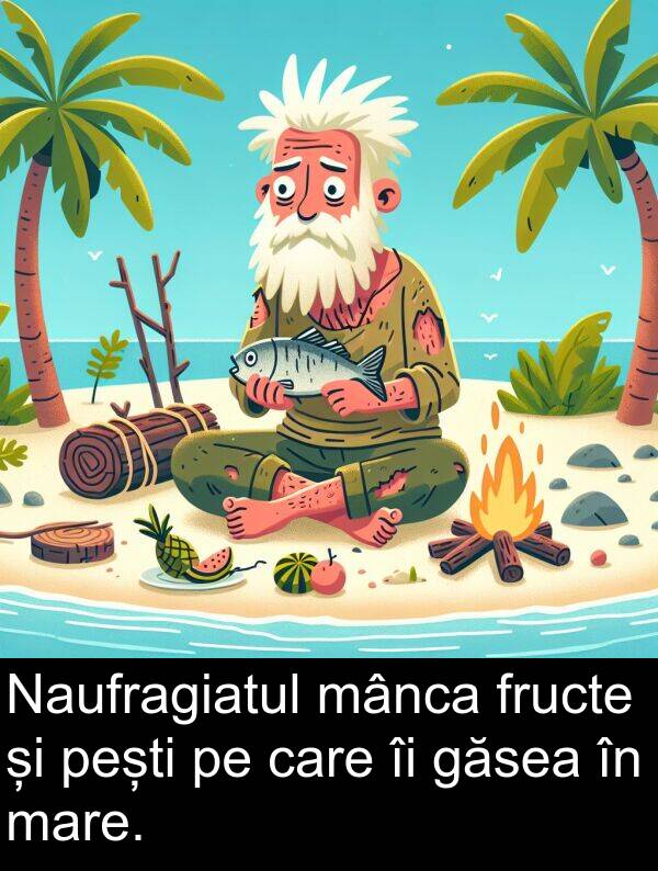 mânca: Naufragiatul mânca fructe și pești pe care îi găsea în mare.