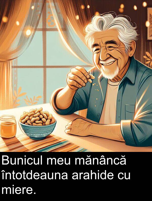 mănâncă: Bunicul meu mănâncă întotdeauna arahide cu miere.