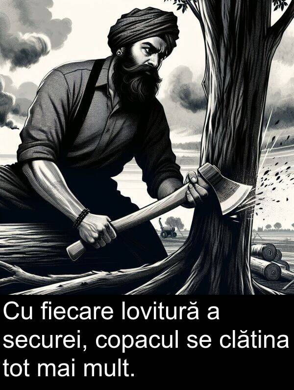 fiecare: Cu fiecare lovitură a securei, copacul se clătina tot mai mult.