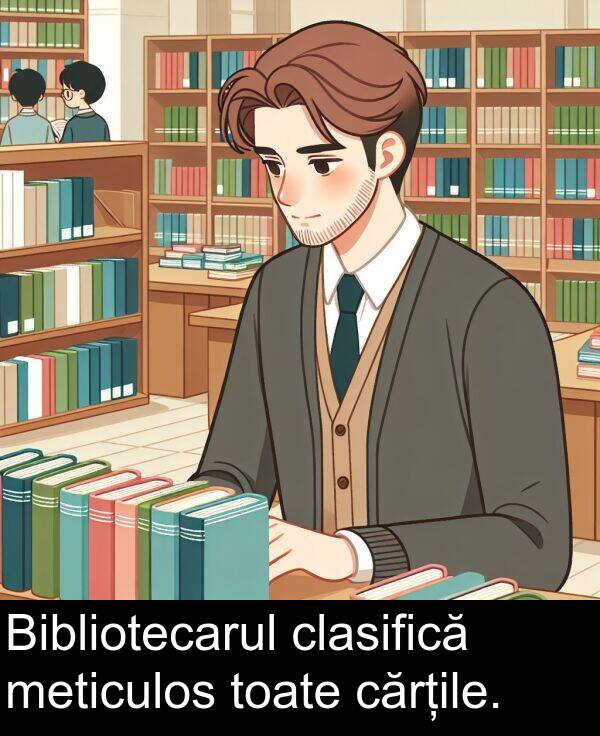 cărțile: Bibliotecarul clasifică meticulos toate cărțile.