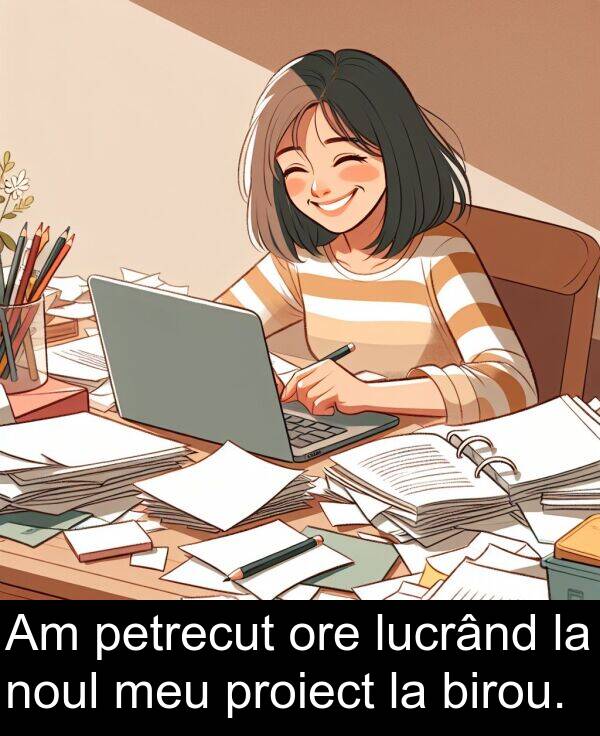 noul: Am petrecut ore lucrând la noul meu proiect la birou.