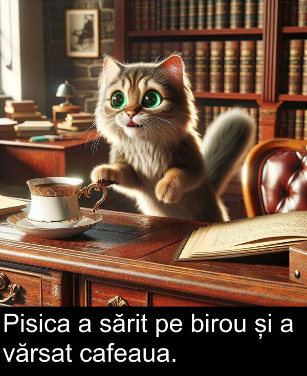 cafeaua: Pisica a sărit pe birou și a vărsat cafeaua.