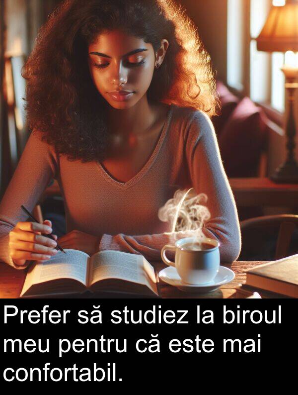 biroul: Prefer să studiez la biroul meu pentru că este mai confortabil.