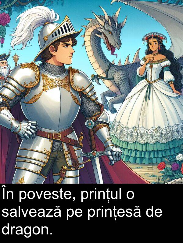 poveste: În poveste, prințul o salvează pe prințesă de dragon.