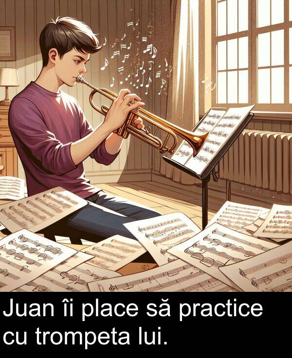 trompeta: Juan îi place să practice cu trompeta lui.