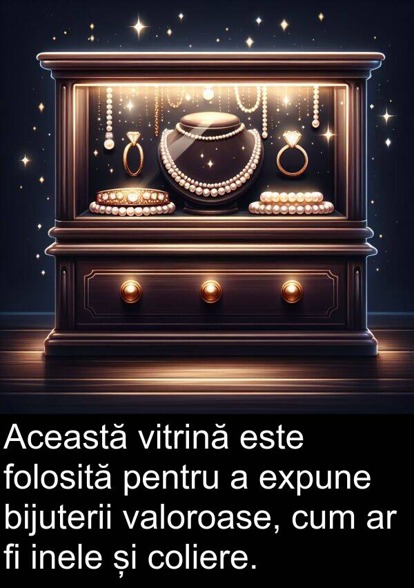 valoroase: Această vitrină este folosită pentru a expune bijuterii valoroase, cum ar fi inele și coliere.