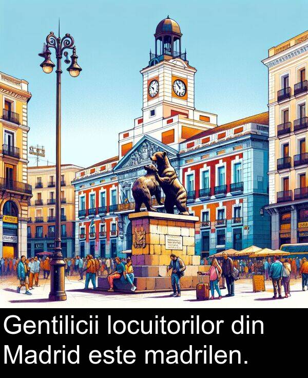madrilen: Gentilicii locuitorilor din Madrid este madrilen.