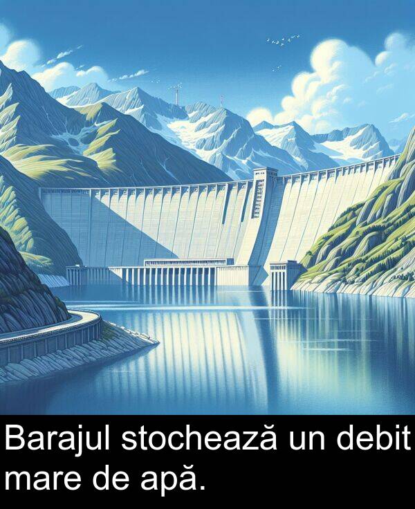 debit: Barajul stochează un debit mare de apă.