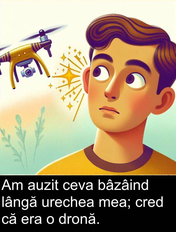 lângă: Am auzit ceva bâzâind lângă urechea mea; cred că era o dronă.