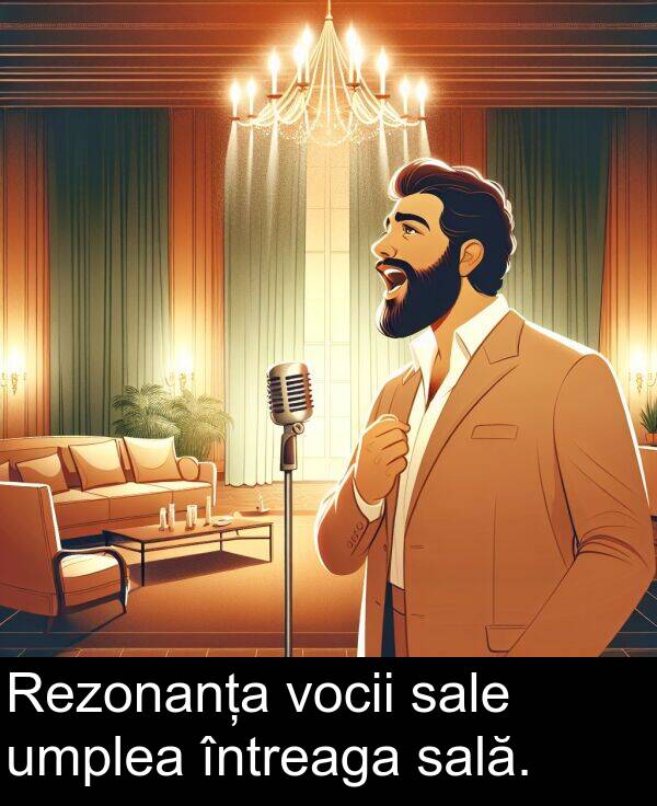 sale: Rezonanța vocii sale umplea întreaga sală.
