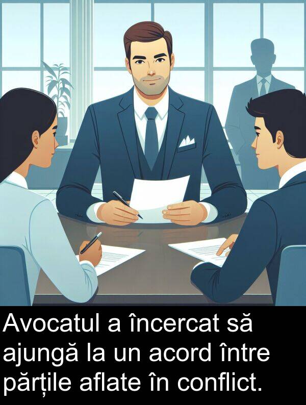 între: Avocatul a încercat să ajungă la un acord între părțile aflate în conflict.