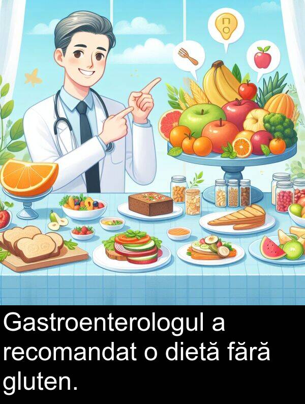 fără: Gastroenterologul a recomandat o dietă fără gluten.