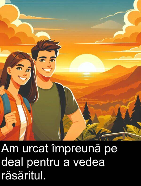 împreună: Am urcat împreună pe deal pentru a vedea răsăritul.