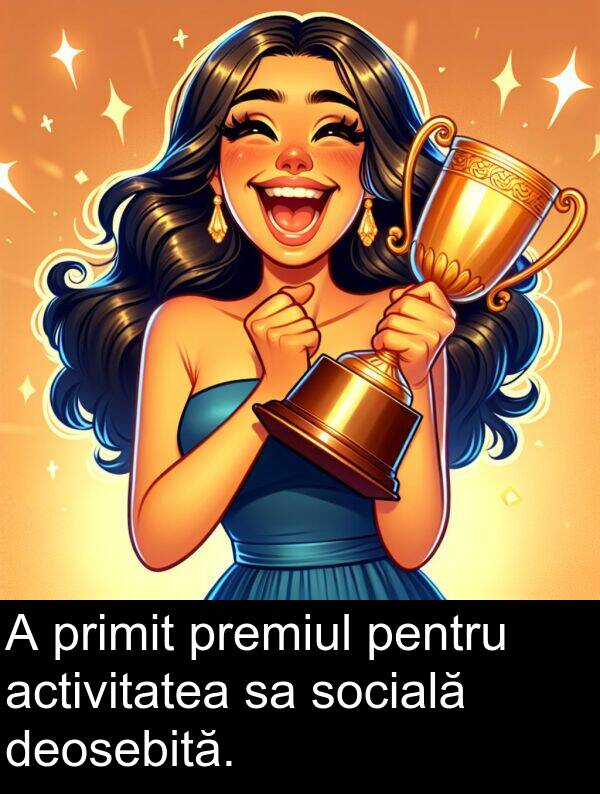 premiul: A primit premiul pentru activitatea sa socială deosebită.