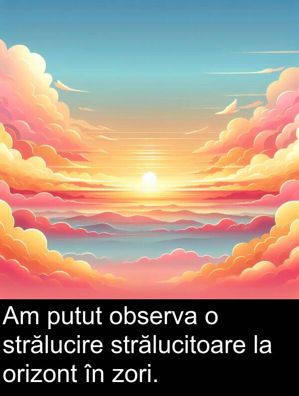 zori: Am putut observa o strălucire strălucitoare la orizont în zori.