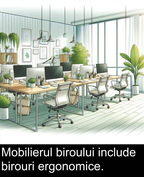 ergonomice: Mobilierul biroului include birouri ergonomice.