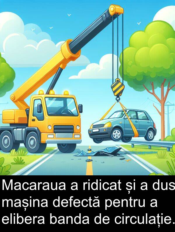 defectă: Macaraua a ridicat și a dus mașina defectă pentru a elibera banda de circulație.
