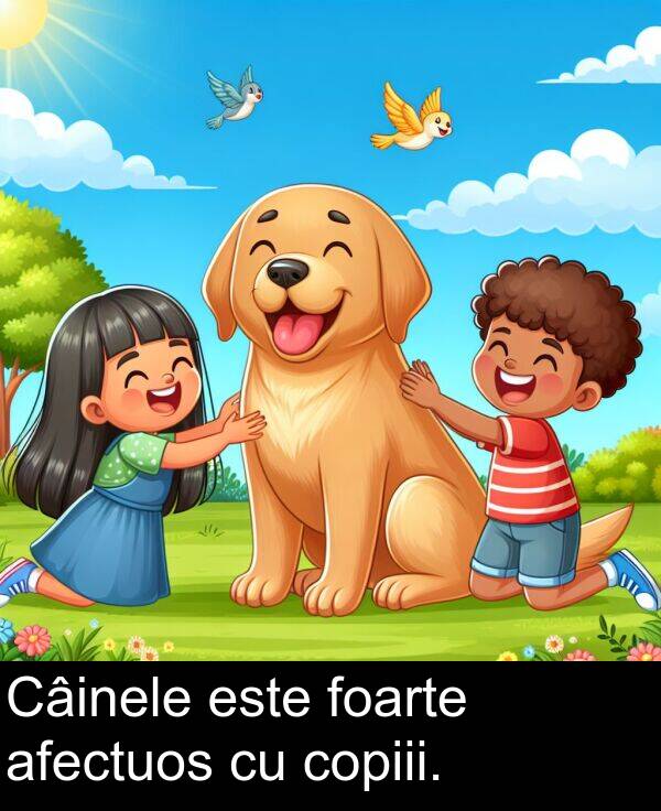 foarte: Câinele este foarte afectuos cu copiii.