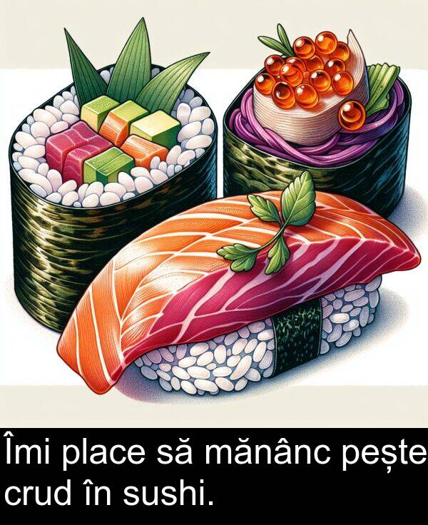 mănânc: Îmi place să mănânc pește crud în sushi.
