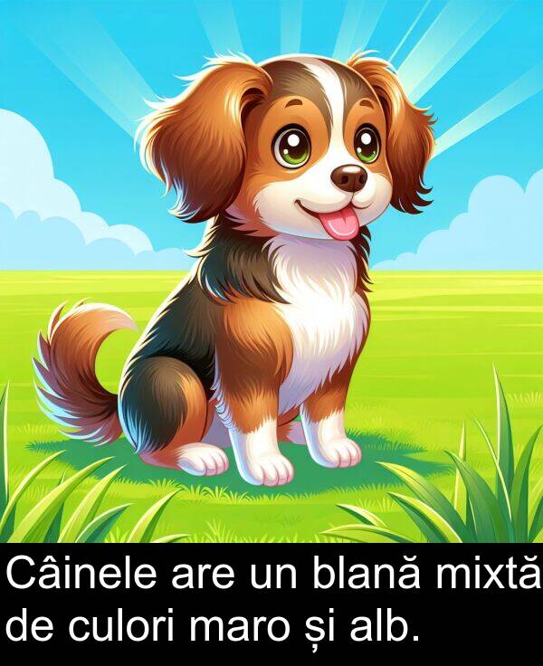 maro: Câinele are un blană mixtă de culori maro și alb.