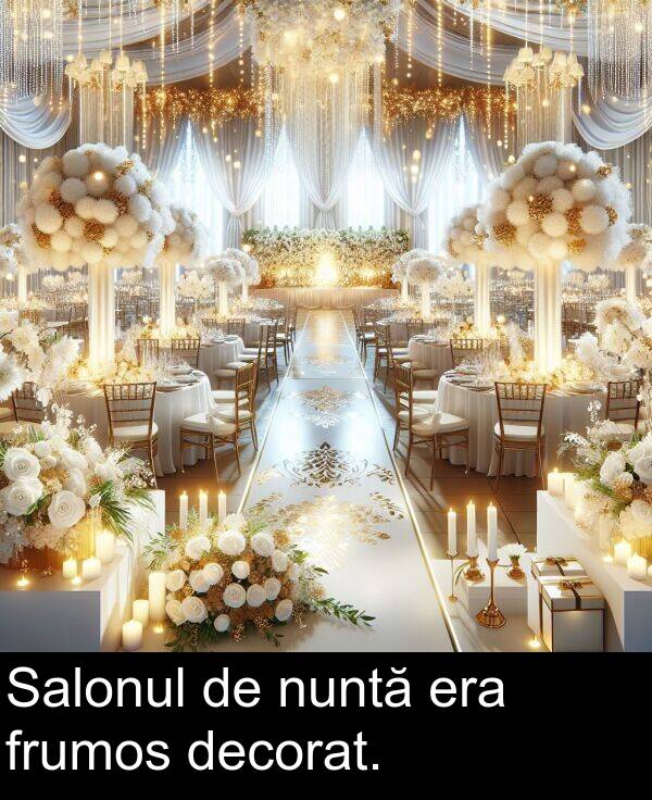 decorat: Salonul de nuntă era frumos decorat.