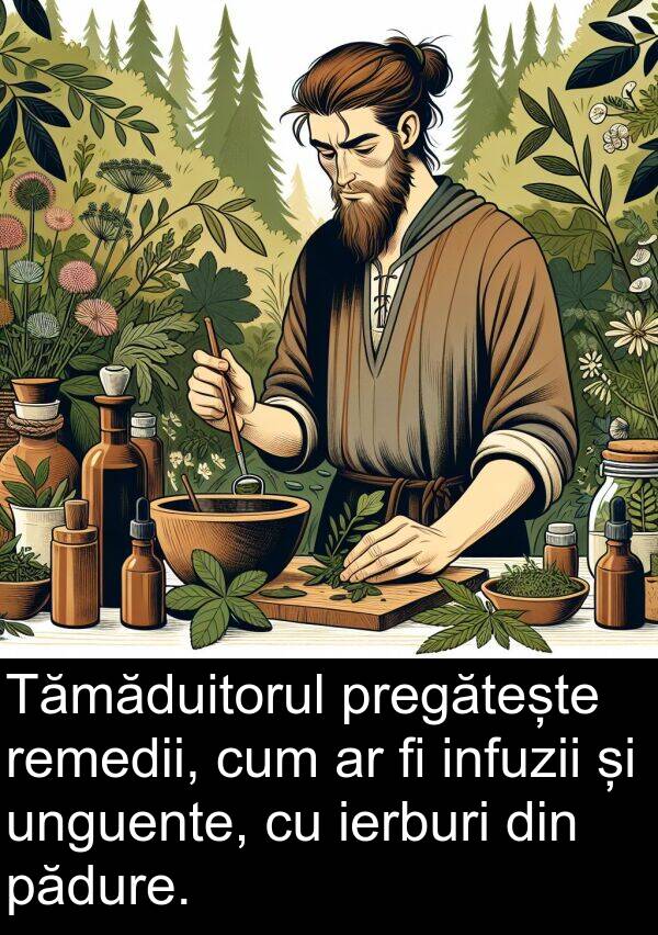 ierburi: Tămăduitorul pregătește remedii, cum ar fi infuzii și unguente, cu ierburi din pădure.