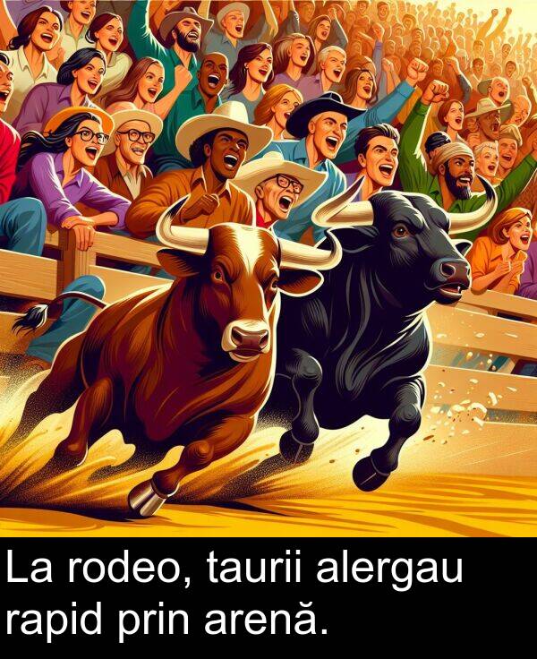taurii: La rodeo, taurii alergau rapid prin arenă.