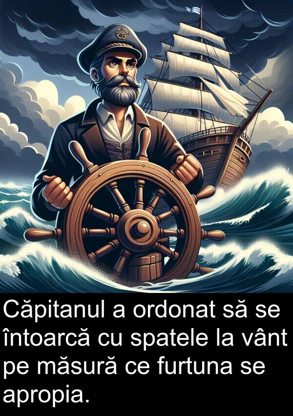 vânt: Căpitanul a ordonat să se întoarcă cu spatele la vânt pe măsură ce furtuna se apropia.